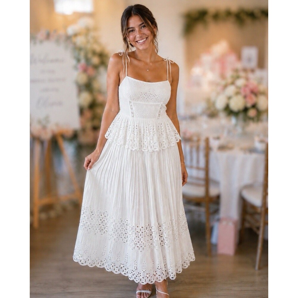 Gianni Bini White Eyelet Lace Dress Tiered Pleated Midi Sz. 0 Cottage Coquette